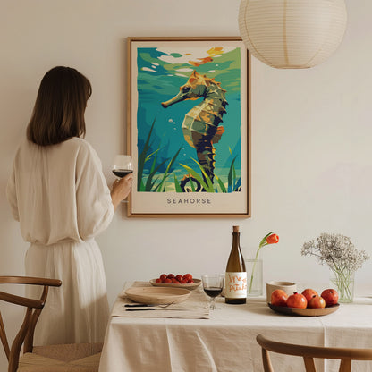 Seahorse Wildlife Poster | Graceful Ocean Dweller Fine Wall Art — styled in a modern interior