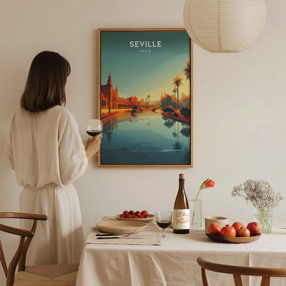 A woman in a light-colored dress holds a glass of wine while standing near a dining table. The table is set with a bottle of wine, a plate of apples, and a vase of flowers.