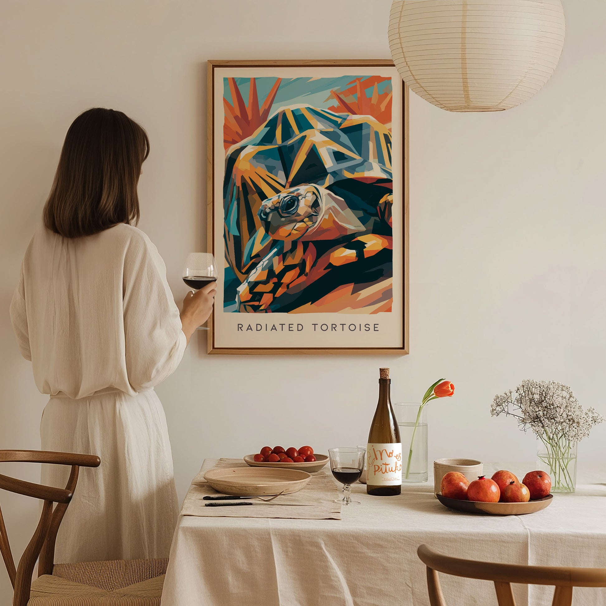 Radiated Tortoise Poster | Exotic Wildlife Portrait Fine Wall Art — styled in a modern interior