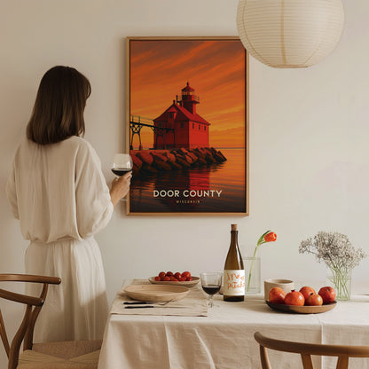 A woman in a light-colored dress holds a glass of wine while admiring a vibrant poster of a lighthouse at sunset, labeled Door County.