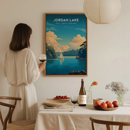 Jordan Lake, Apex, North Carolina Poster | Lakeside Serenity Travel Wall Art — styled in a modern interior