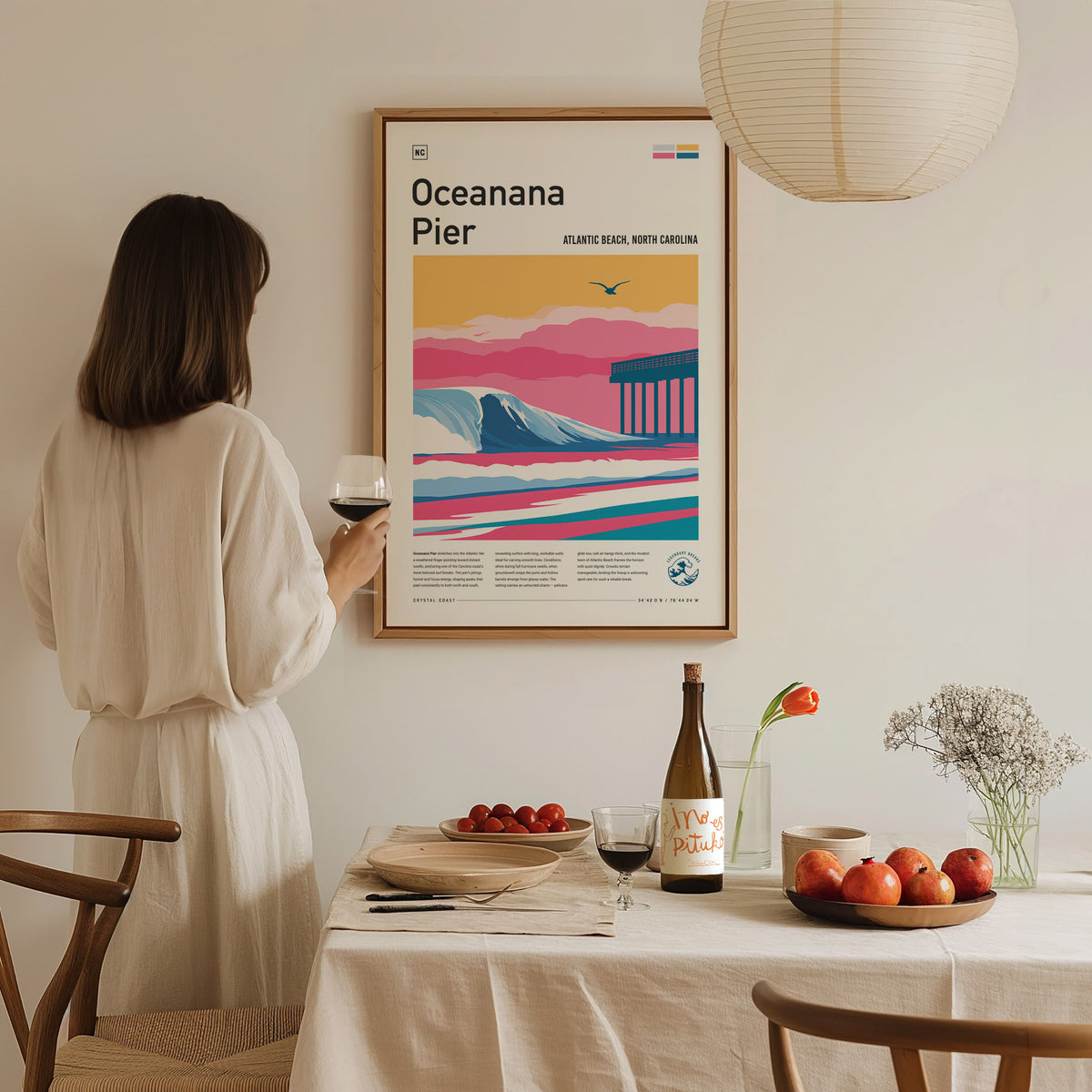 Oceanana Pier, Atlantic Beach, North Carolina Poster | Surf Wall Art & Beach House Decor — styled in a modern interior