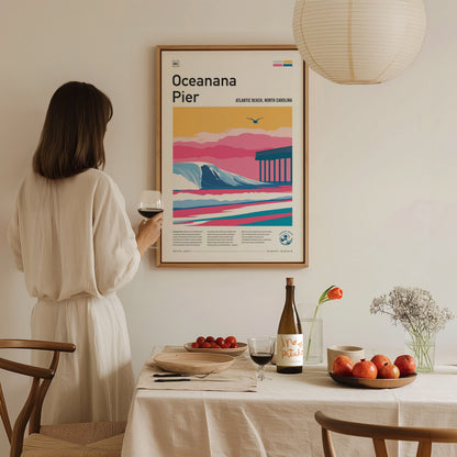 Oceanana Pier, Atlantic Beach, North Carolina Poster | Surf Wall Art & Beach House Decor — styled in a modern interior