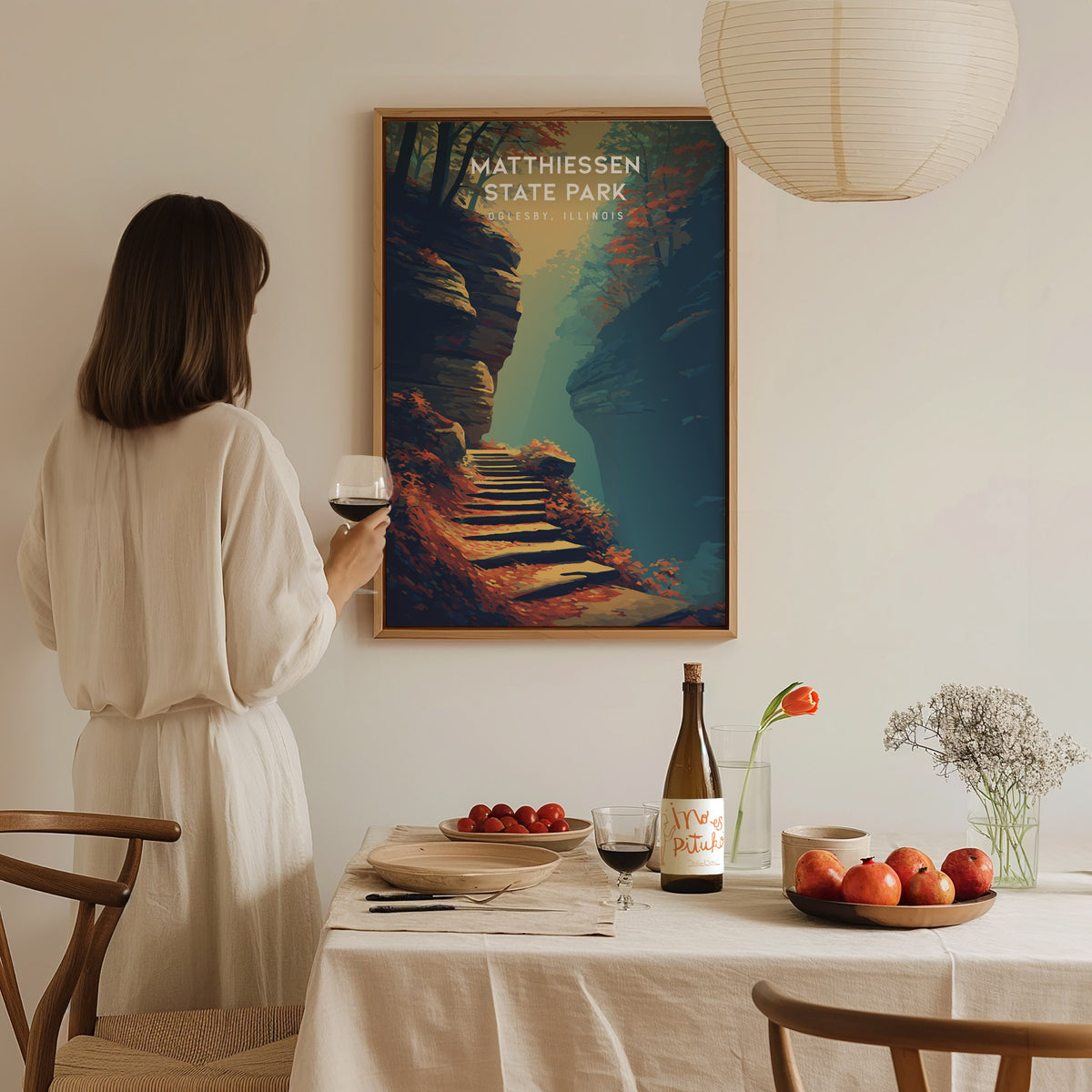 Matthiessen State Park, Oglesby, Illinois Poster | Canyon Waterfalls & Lush Gorge Wall Art — styled in a modern interior