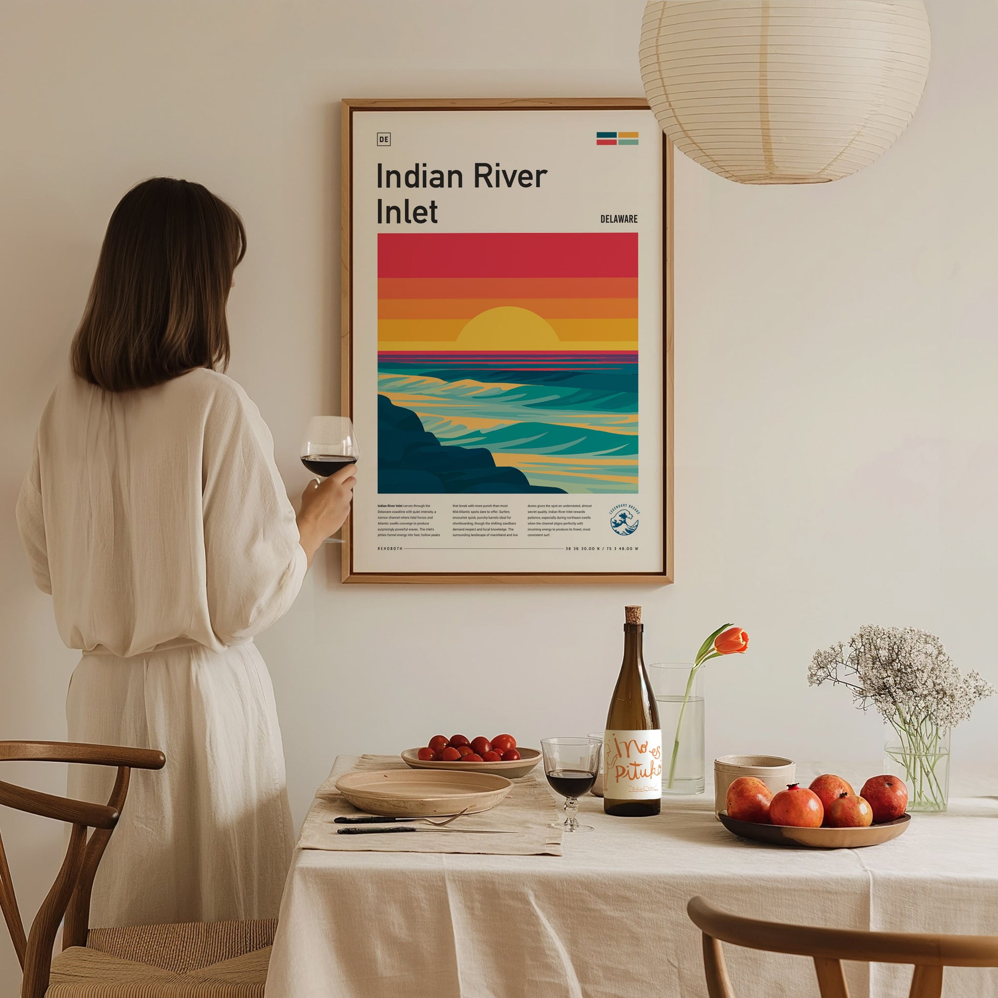 Indian River Inlet, Delaware Poster | Surf & Bridge Coastal Wall Art — styled in a modern interior