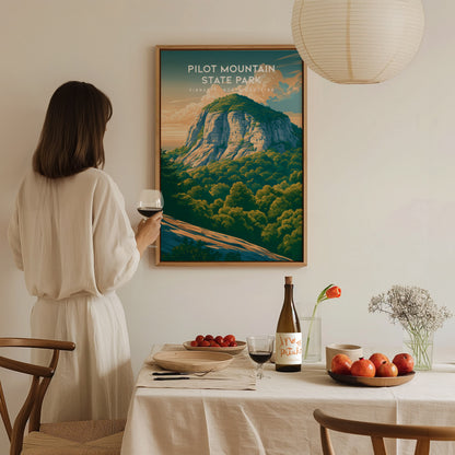 Pilot Mountain State Park, Pinnacle, North Carolina Poster | Rugged Peak & Forest Travel Wall Art — styled in a modern interi