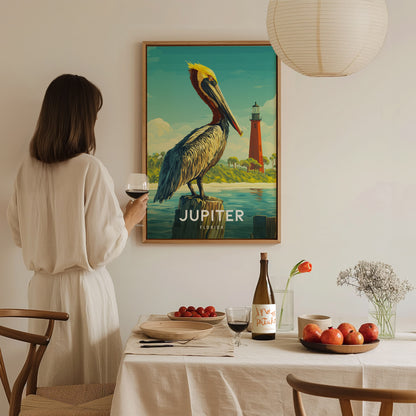Woman in a dining room with a large framed poster of a pelican and lighthouse, holding a glass of wine.