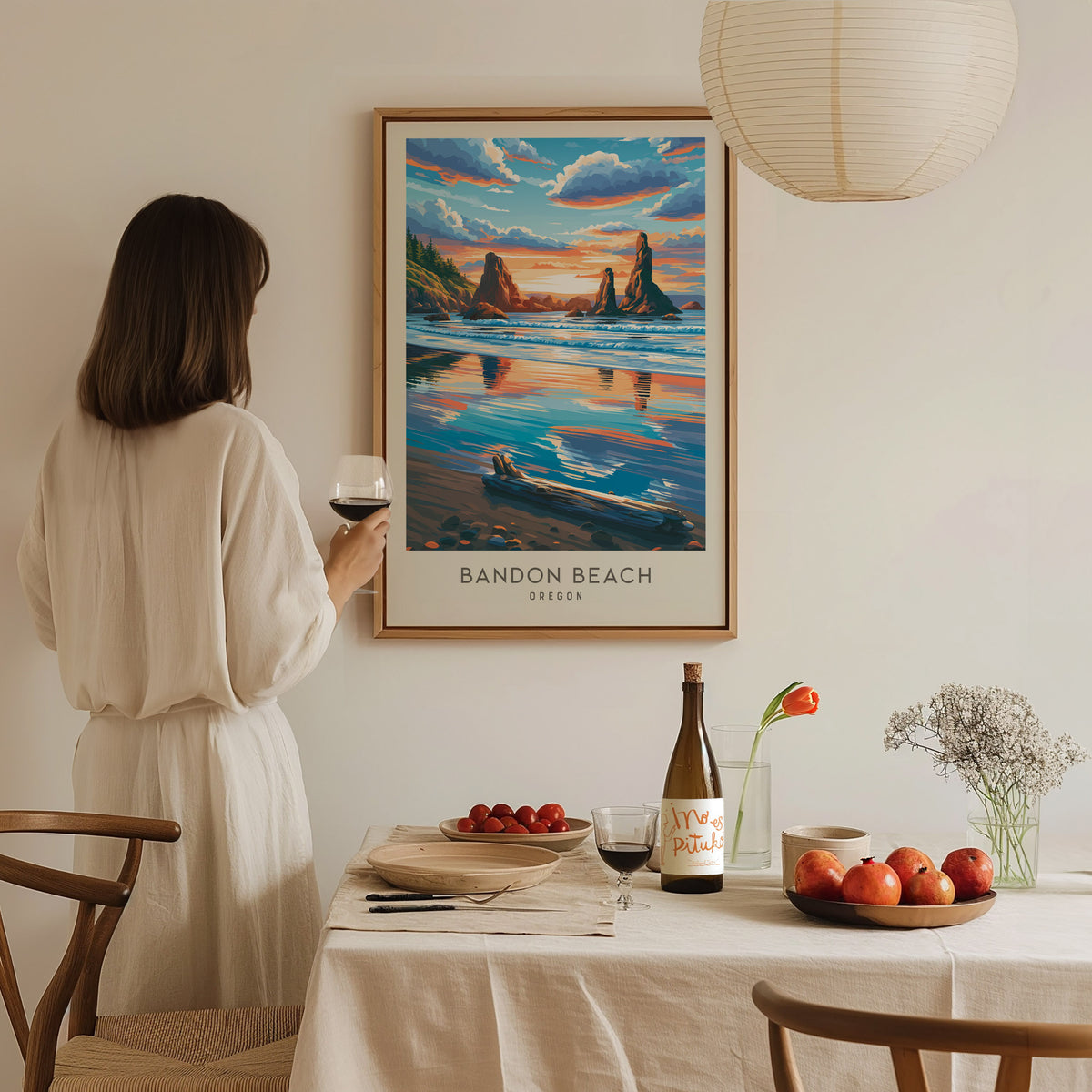 Bandon Beach Matte Border Poster | Oregon Coastal Beach Decor — styled in a modern interior