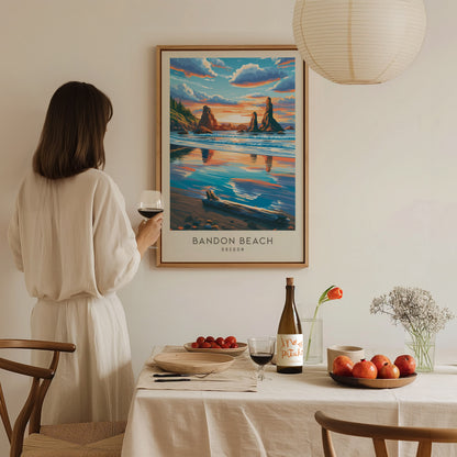Bandon Beach Matte Border Poster | Oregon Coastal Beach Decor — styled in a modern interior