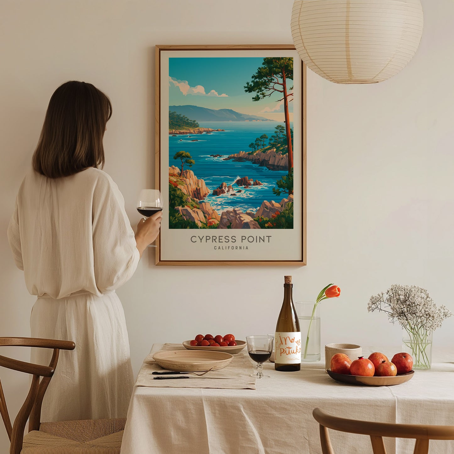 Cypress Point Matte Border Poster | California Vacation Wall Art Beach House Decor — styled in a modern interior