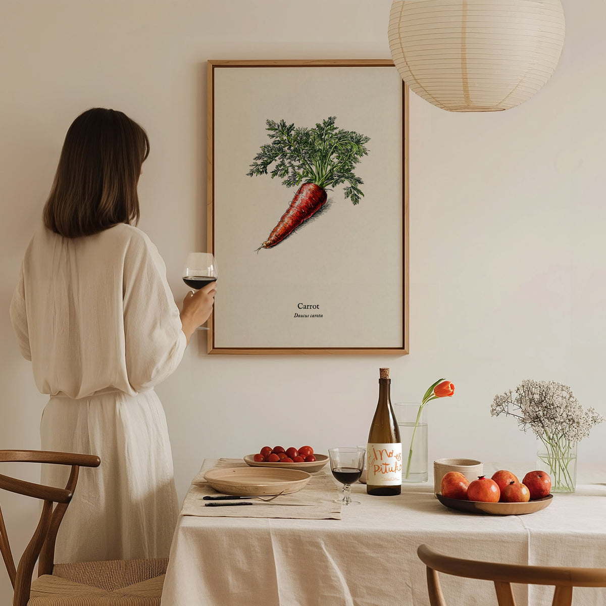 Carrot Poster | Daucus Carota Pen and Ink Print | Vintage Botanical Illustration Wall Art — styled in a modern interior