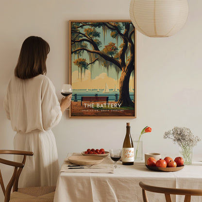 The Battery, Charleston, South Carolina Poster | Historic Waterfront Promenade Travel Wall Art — styled in a modern interior