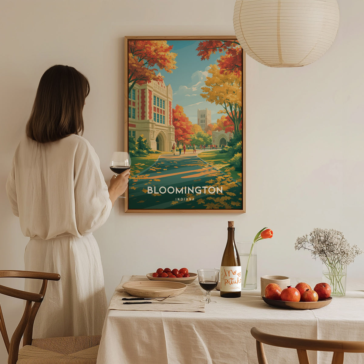 Bloomington, Indiana Poster | College Town Charm Travel Gift Wall Art — styled in a modern interior