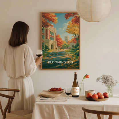 Bloomington, Indiana Poster | College Town Charm Travel Gift Wall Art — styled in a modern interior
