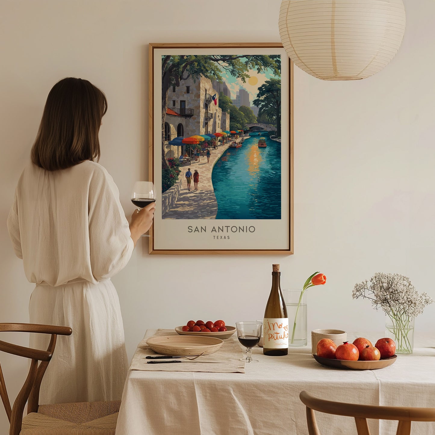 San Antonio River Walk Matte Border Poster | Texas Travel Wall Art — styled in a modern interior