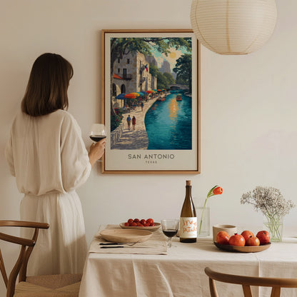 San Antonio River Walk Matte Border Poster | Texas Travel Wall Art — styled in a modern interior