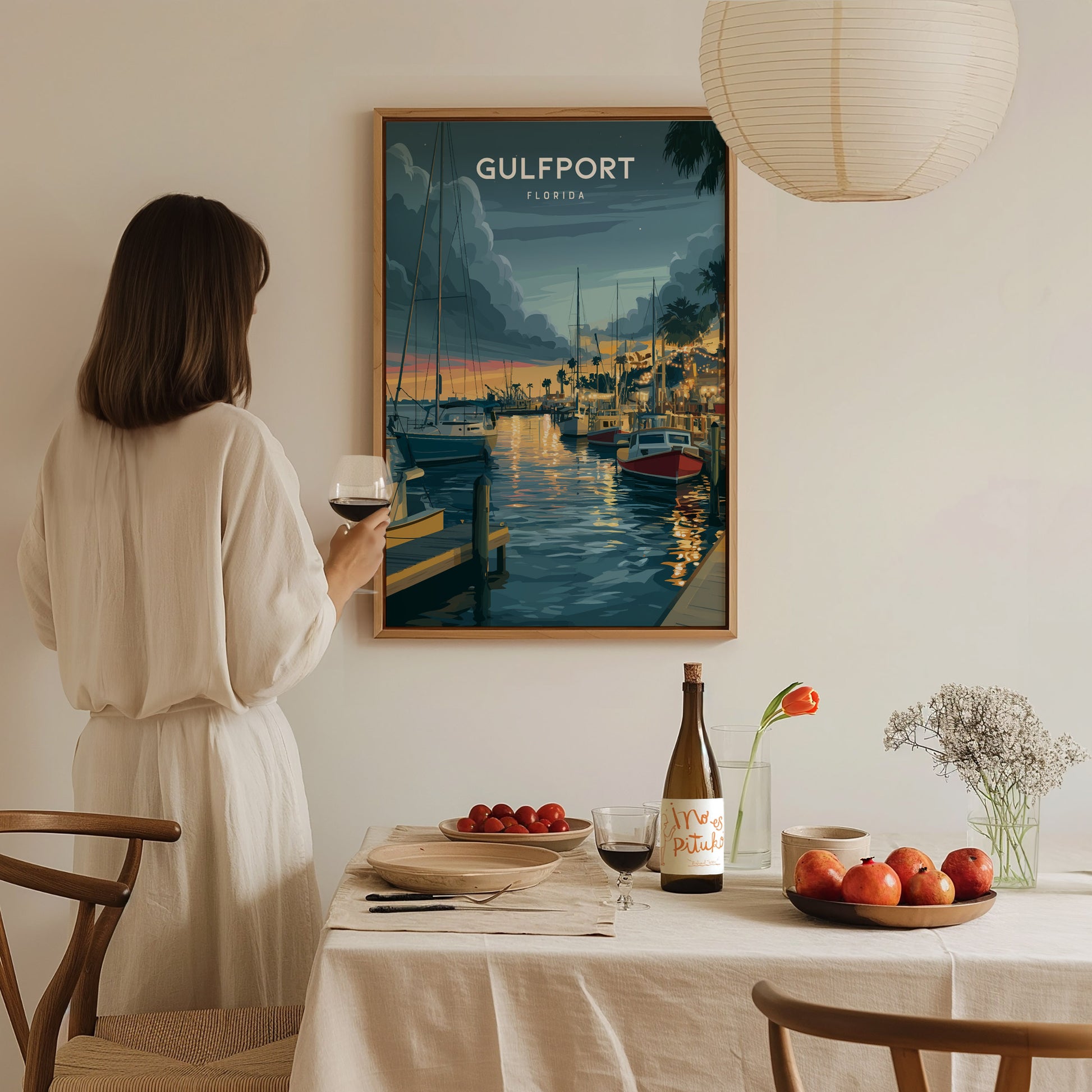 Gulfport, Florida Poster | Charming Waterfront Village Sunset Wall Art — styled in a modern interior