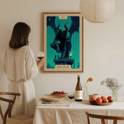 A person in a light-colored, flowing outfit stands at a dining table, holding a glass of wine. Behind them, a framed poster of the Devil Tarot card, featuring a dark, horned figure, is displayed on the wall, adding a mystical touch.