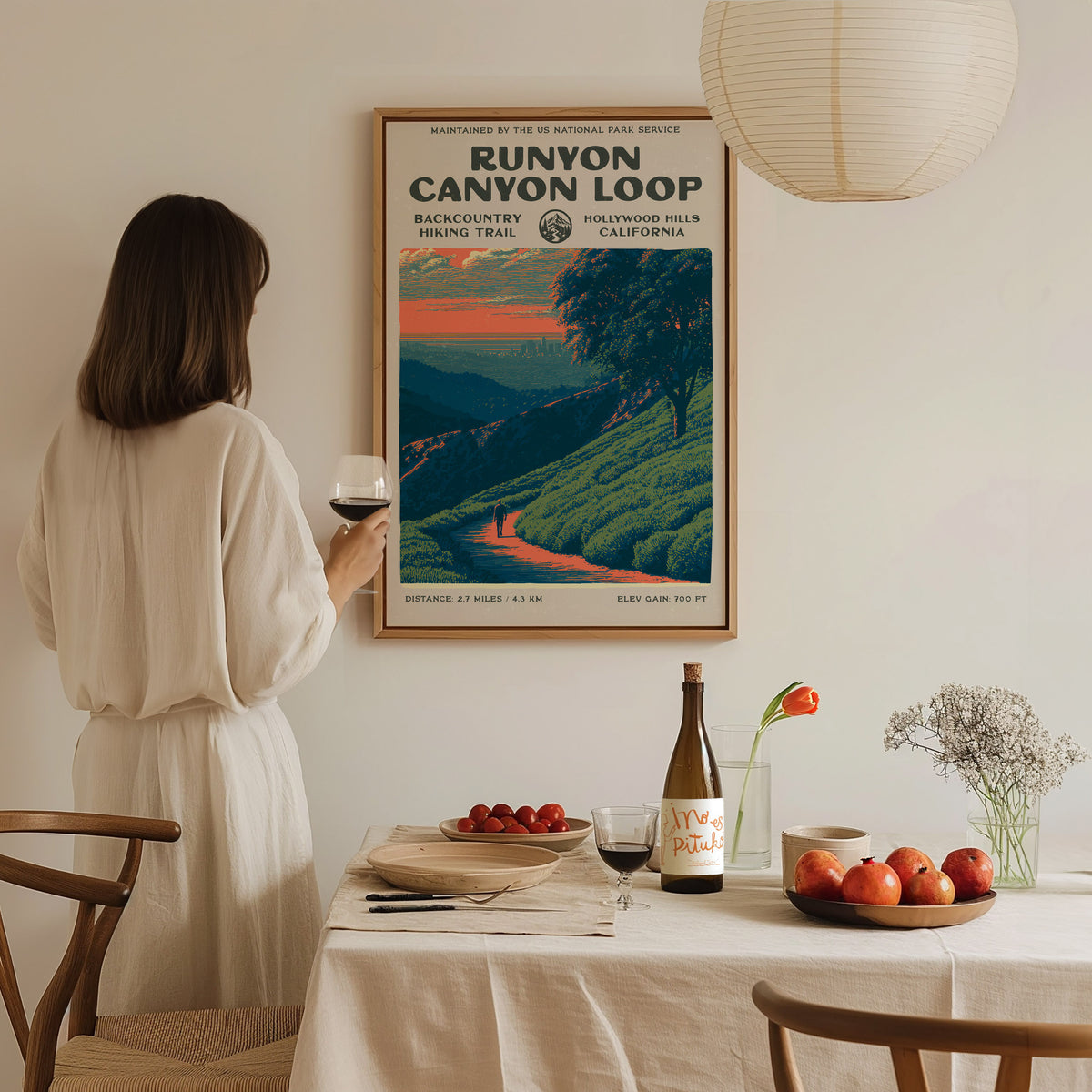 Runyon Canyon Loop, Hollywood Hills, California Poster | Hiker Gift | Bold Backcountry Block Print Wall Art — styled in a mod