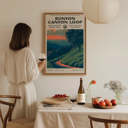 Runyon Canyon Loop, Hollywood Hills, California Poster | Hiker Gift | Bold Backcountry Block Print Wall Art — styled in a mod