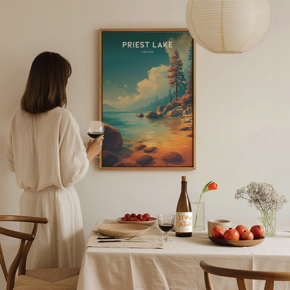 Priest Lake, Idaho Poster | Mountain Lake Retreat Framed or Unframed Wall Art — styled in a modern interior