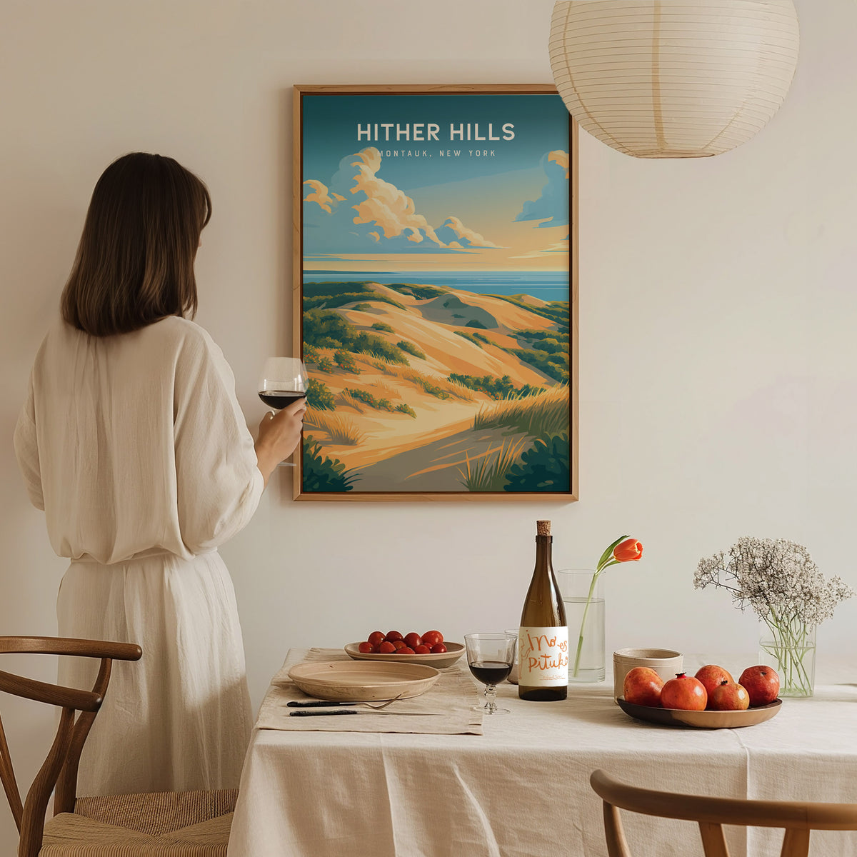 Hither Hills Poster | Montauk, New York Vacation Wall Art Framed or Unframed — styled in a modern interior