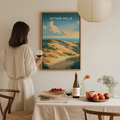 Hither Hills Poster | Montauk, New York Vacation Wall Art Framed or Unframed — styled in a modern interior