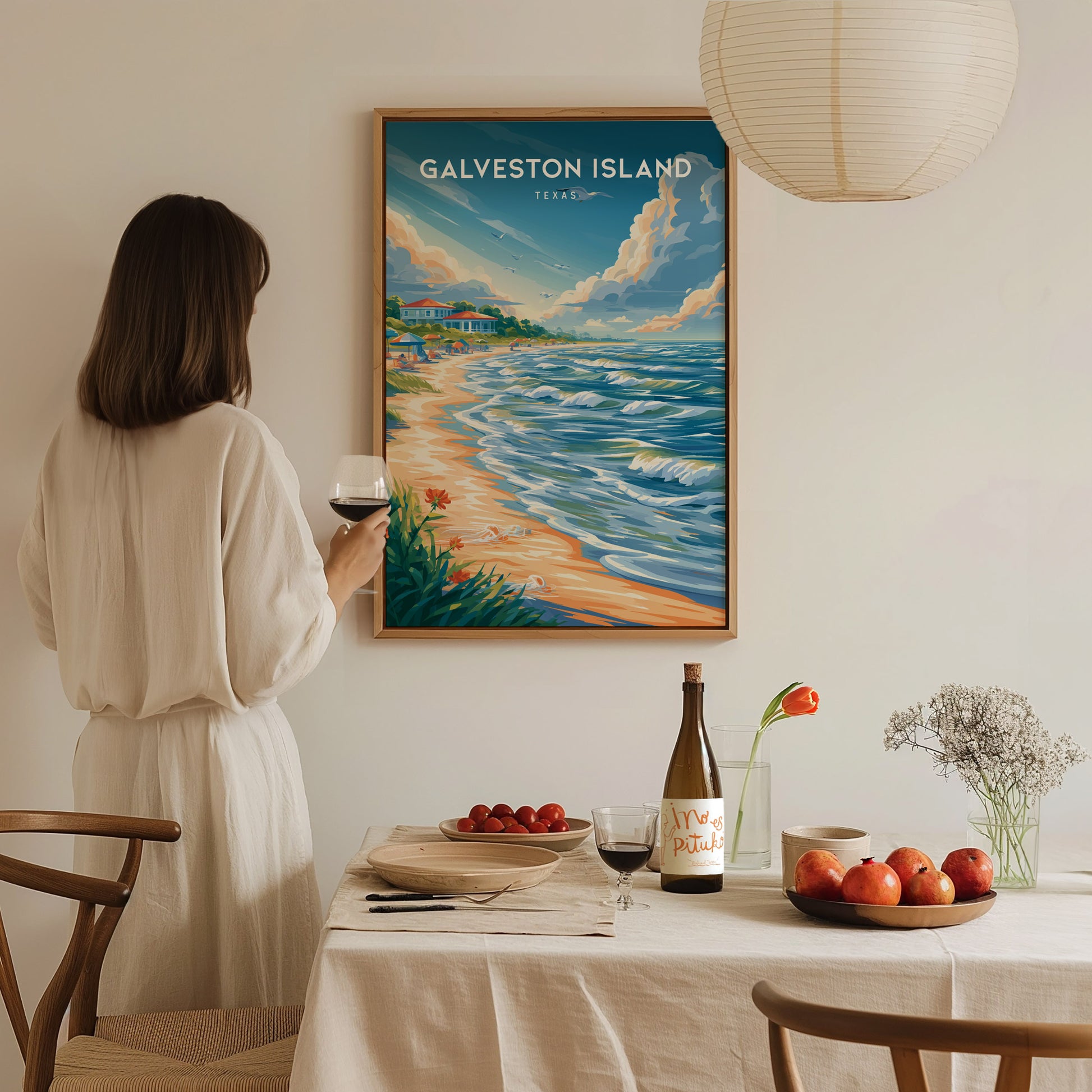 Galveston Island, Texas Poster | Seaside Pier & Gulf Coast Wall Art — styled in a modern interior