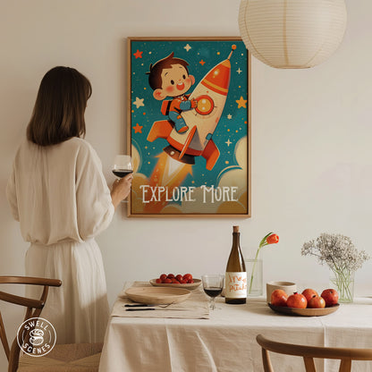 Explore More Poster | Kids Room Astronaut Space Theme Wall Art | Framed or Unframed