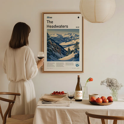 The Headwaters, Big Sky Montana Poster | Ski Lodge Decor Alpine Print Wall Art — styled in a modern interior