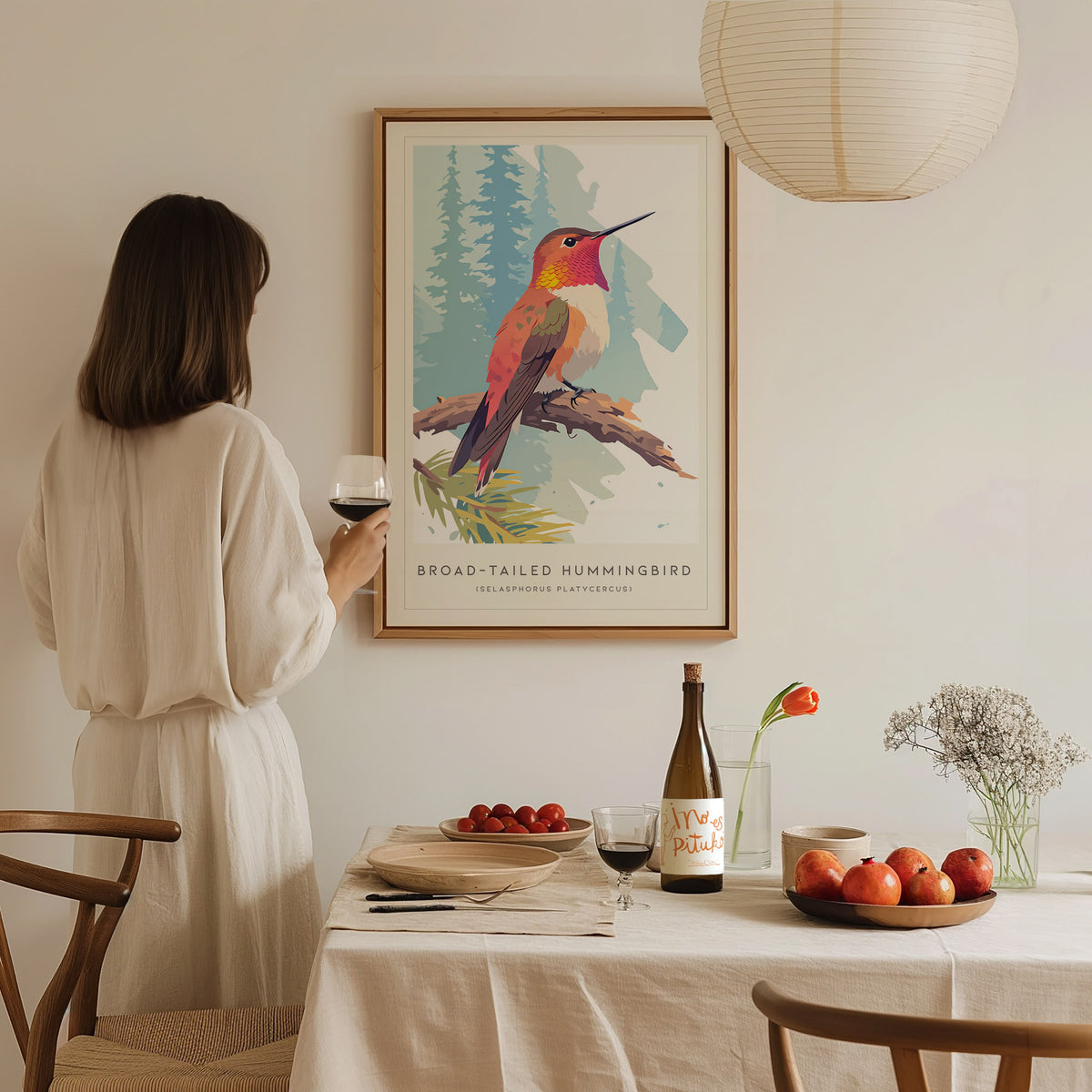 Broad-tailed Hummingbird, Selasphorus platycercus Poster | Vibrant Wildlife Print Nature Wall Art — styled in a modern interi
