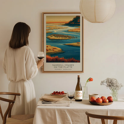 Sandhill Cranes on the Platte Matte Border Poster | Kearney, Nebraska Destination Print — styled in a modern interior