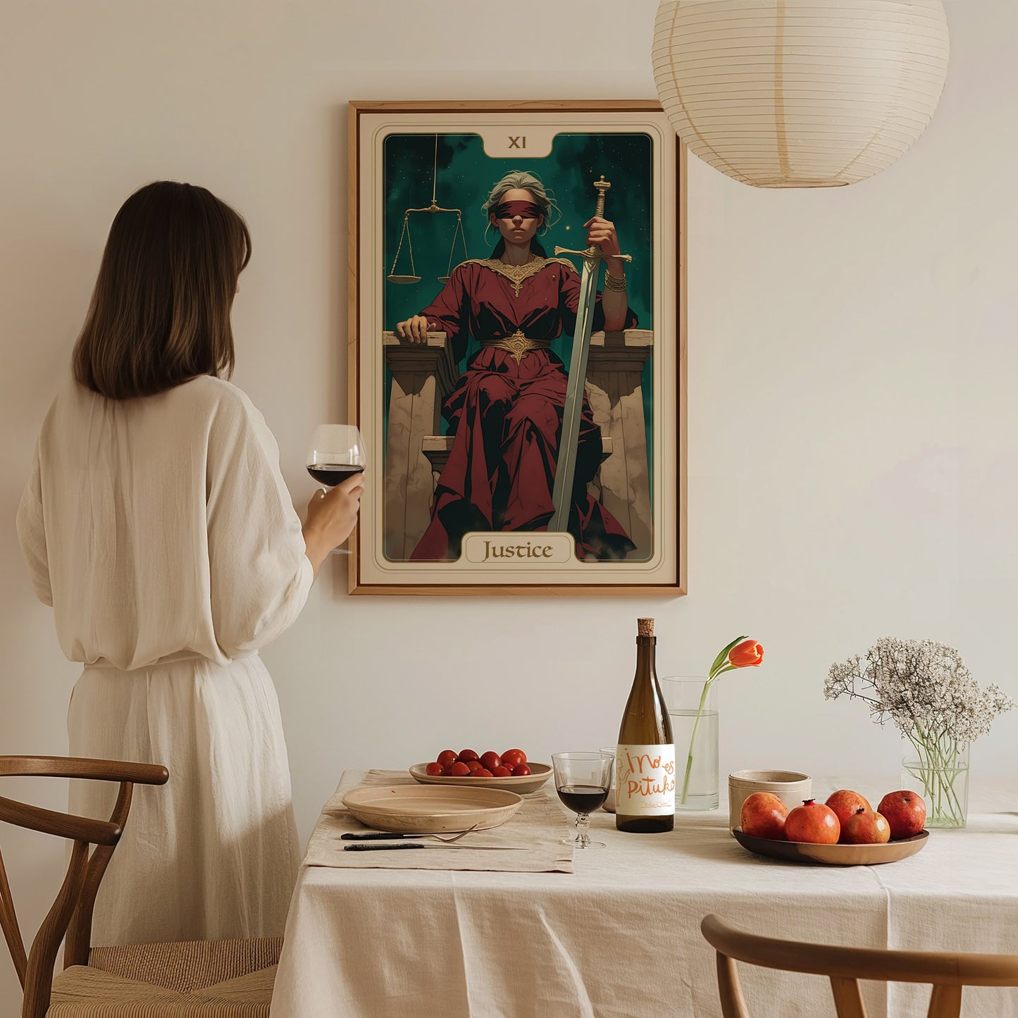 A person in a white dress stands at a dining table, gazing at a framed Justice Tarot Card poster on the wall.