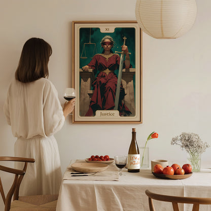 A person in a white dress stands at a dining table, gazing at a framed Justice Tarot Card poster on the wall.