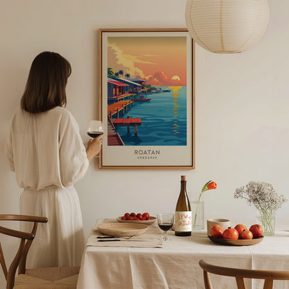 Roatan Matte Border Poster | Honduras Tropical Beach Print Travel Wall Art — styled in a modern interior