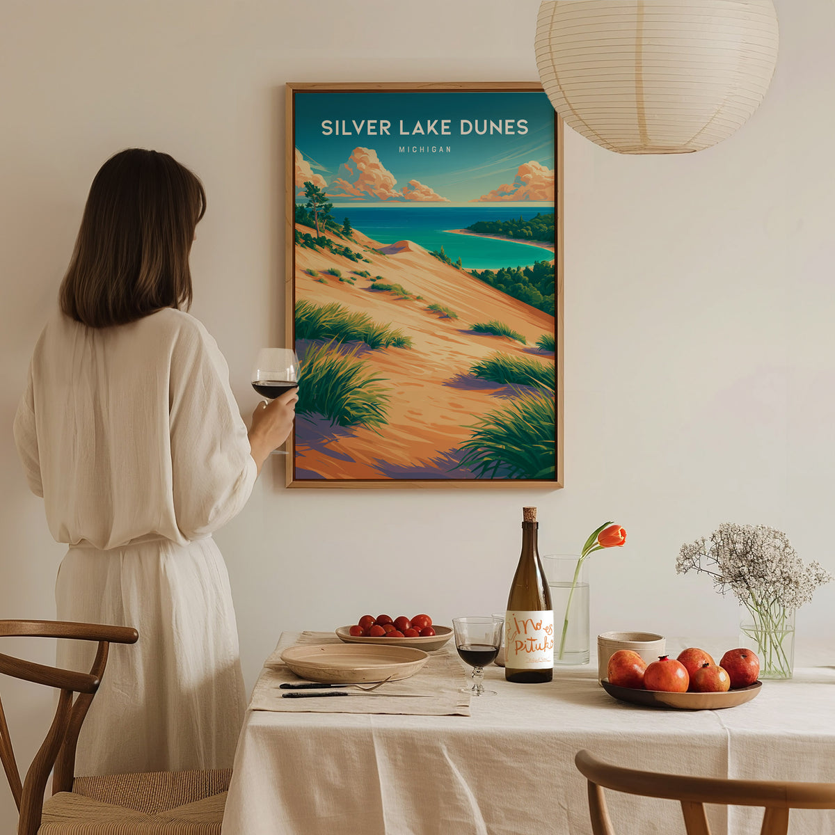Silver Lake Dunes, Michigan Poster | Sand Dunes & Lakeshore Destination Print Wall Art — styled in a modern interior