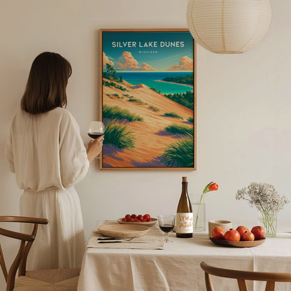 Silver Lake Dunes, Michigan Poster | Sand Dunes & Lakeshore Destination Print Wall Art — styled in a modern interior