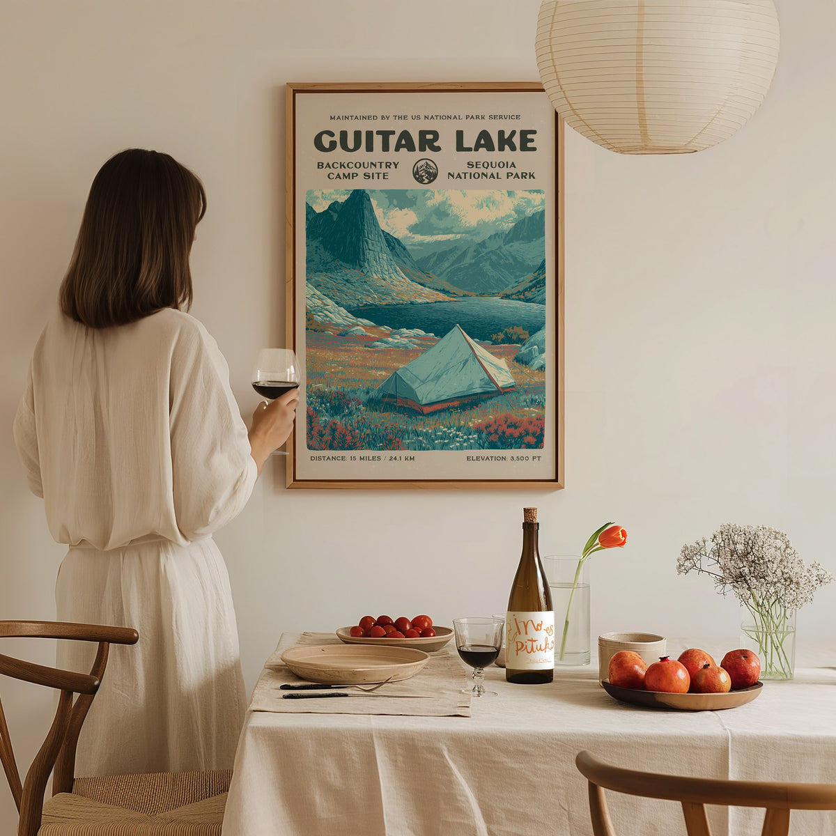 Guitar Lake, Sequoia National Park Poster | Hiker Gift | Backcountry Trail Wall Art — styled in a modern interior