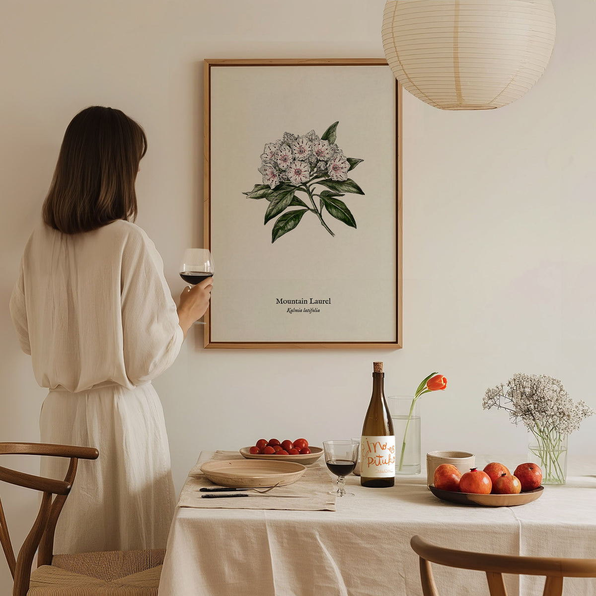 Mountain Laurel Poster | Kalmia latifolia Pen and Ink Print Vintage Botanical Illustration — styled in a modern interior