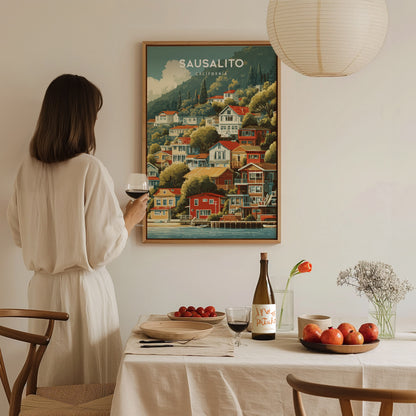 A woman in a white outfit holds a glass of wine while standing next to a dining table adorned with fruits and a bottle.