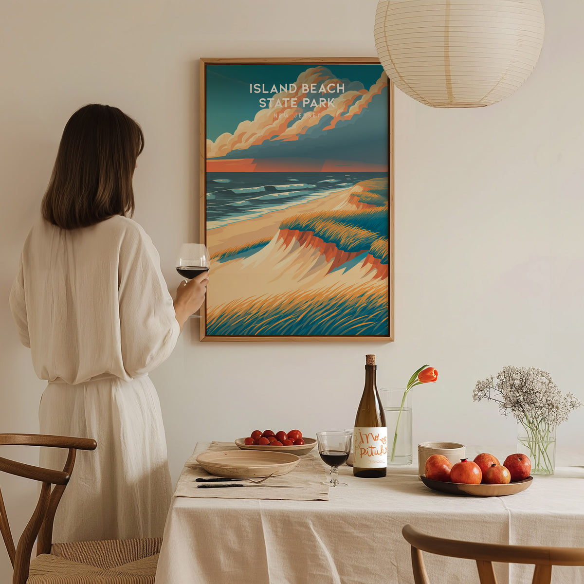Island Beach State Park, New Jersey Poster | Destination Print Seaside Dunes Wall Art — styled in a modern interior