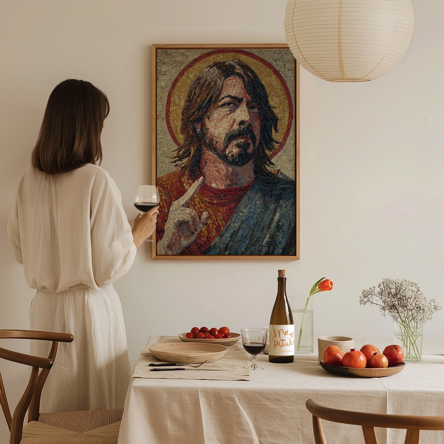 A woman in a white dress stands at a dining table, holding a glass of wine, gazing at a framed mosaic artwork of a man with long hair and a halo.