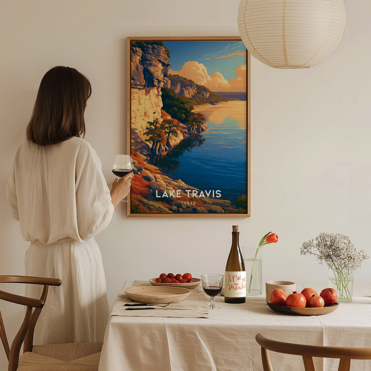 Lake Travis, Texas Poster | Hill Country Lake Sunset Wall Art — styled in a modern interior