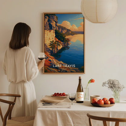 Lake Travis, Texas Poster | Hill Country Lake Sunset Wall Art — styled in a modern interior