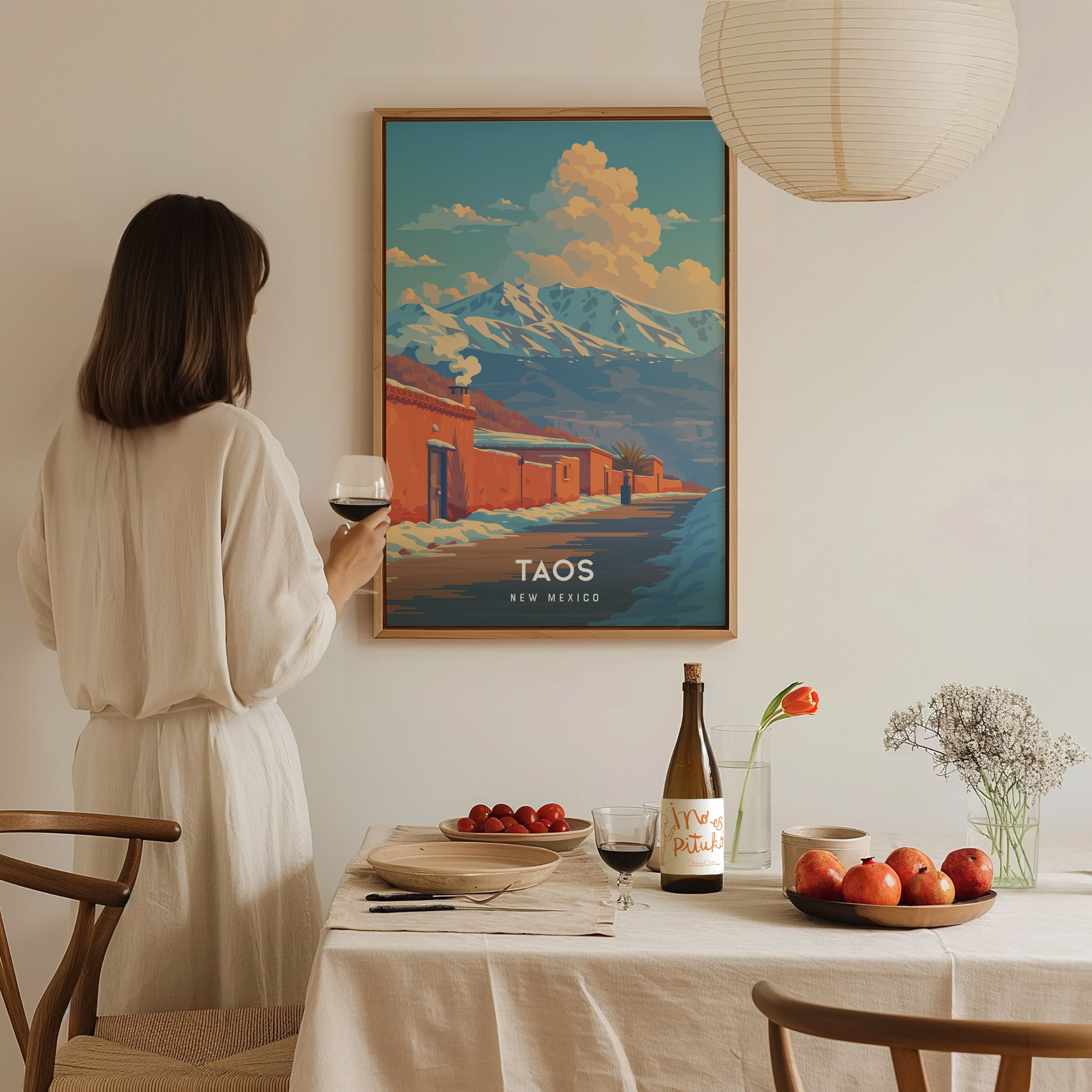 Taos, New Mexico Poster | Desert Adobe & Mountain Sunset Wall Art