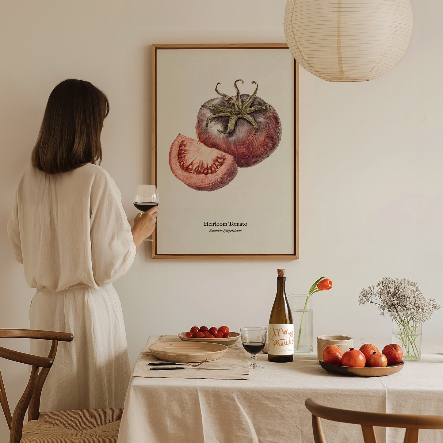 Heirloom Tomato Poster | Vintage Solanum Lycopersicum Botanical Illustration Wall Art — styled in a modern interior