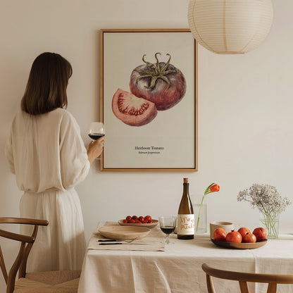 Heirloom Tomato Poster | Vintage Solanum Lycopersicum Botanical Illustration Wall Art — styled in a modern interior