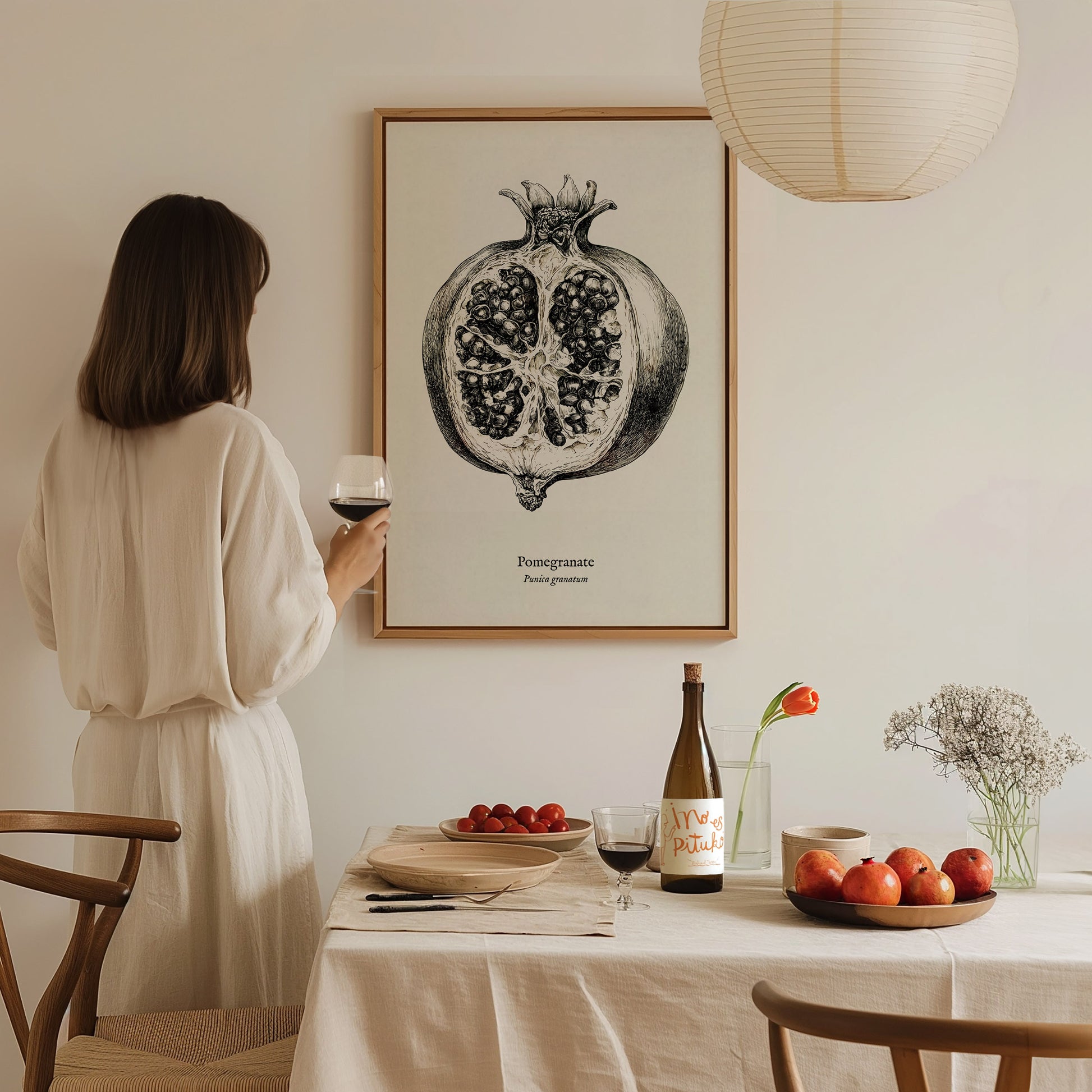 Pomegranate Poster | Vintage Punica granatum Botanical Illustration Wall Art — styled in a modern interior
