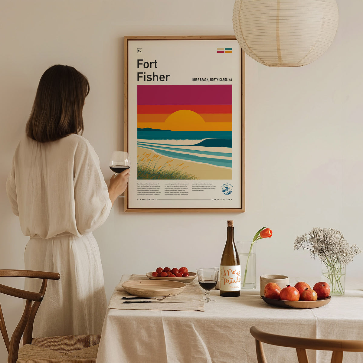 Fort Fisher, Kure Beach, North Carolina Poster | Surf Wall Art & Coastal Waves Print — styled in a modern interior