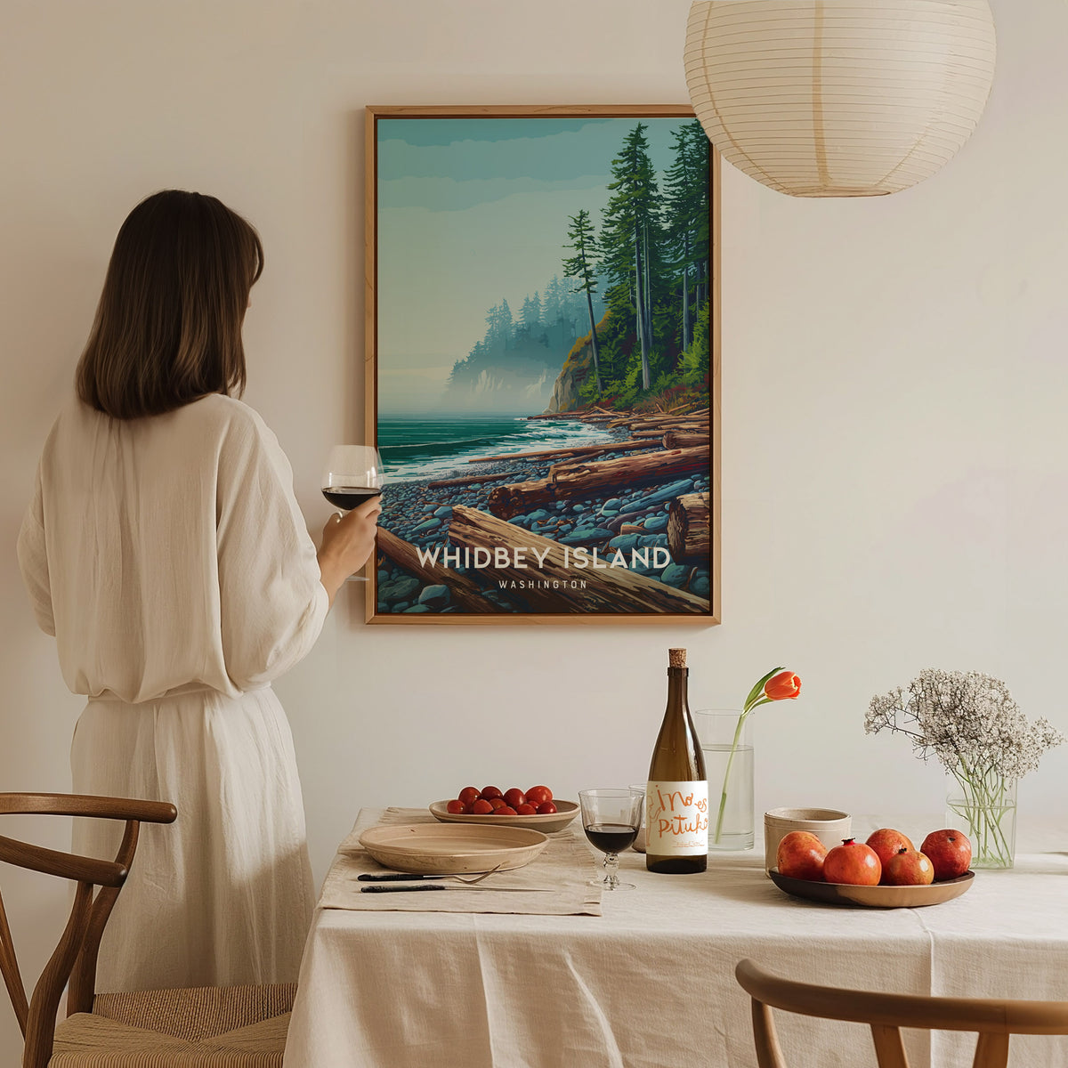 Whidbey Island, Washington Poster | Evergreen Shores & Sailboat Wall Art — styled in a modern interior